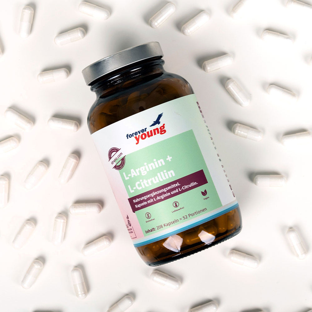 L-Аргинин + L-Цитрулин forever young, L-Arginine + L-Citrulline, Комбинацията от L-аргинин и L-цитрулин засилва ефекта на двете аминокиселини. Докато L-аргининът директно подпомага производството на азотен оксид, L-цитрулинът осигурява устойчиво повишаване на нивото на L-аргинин в кръвта.