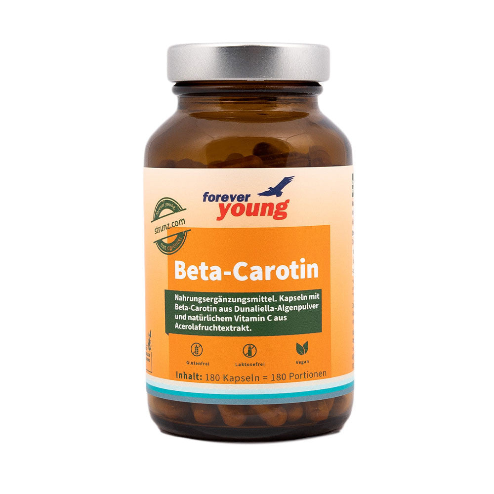 Бета-Каротин (Beta-Carotene) 180 капсули forever young - Завинаги Здрав ООД. Бета-Каротинът е хранителна добавка под формата на капсули. forever young Бета-Каротин съдържа бета-каротин от чисти водорасли Dunaliella на прах и натурален витамин С от екстракт от плод Ацерола.