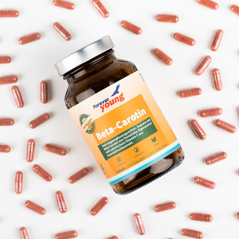 Бета-Каротин (Beta-Carotene) 180 капсули forever young - Завинаги Здрав ООД. Бета-Каротинът е хранителна добавка под формата на капсули. forever young Бета-Каротин съдържа бета-каротин от чисти водорасли Dunaliella на прах и натурален витамин С от екстракт от плод Ацерола.