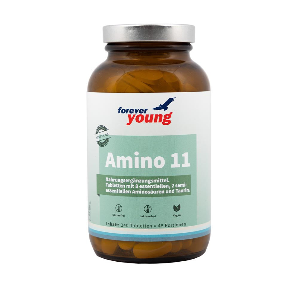 Есенциални + полуесенциални аминокиселини 240 таблетки forever young Amino 11, Завинаги Здрав ООД. Amino 11 е хранителна добавка под формата на таблетки и съдържа осем незаменими аминокиселини, двете полуесенциални аминокиселини хистидин и аргинин, както и таурин, всички в чиста, кристална форма на растителна основа.
