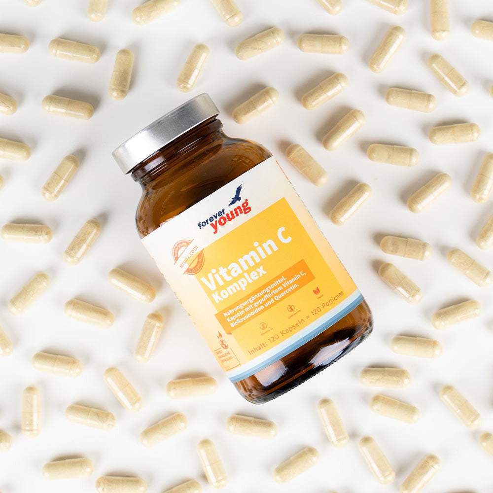 Естествен Витамин С Комплекс (Vitamin C) 120 капсули по 500 mg forever young - Завинаги Здрав ООД. Витамин С Комплекс е хранителна добавка под формата на капсули с приятелски за стомаха витамин С (калциев аскорбат), богат на витамин С екстракт от плод каму каму, биофлавоноиди от екстракт от плод горчив портокал и кверцетин.