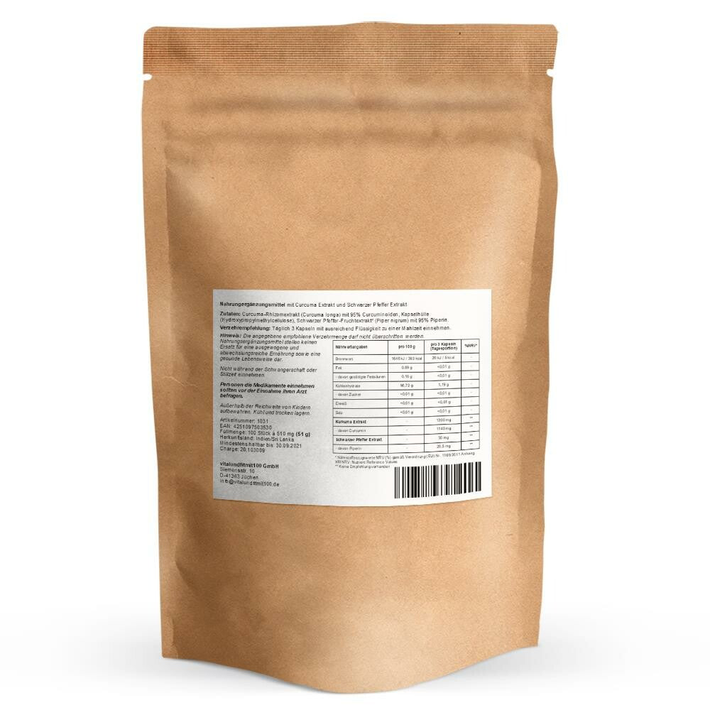 Куркумин + Пиперин vitalundfitmit100, curcumin + piperine, Екстракт от корен на куркума (Curcuma longa) с 95% куркуминоиди 400 mg, екстракт от зърна на черен пипер* (Piper nigrum) с 95% пиперин 5 mg, капсула: хидроксипропил метилцелулоза