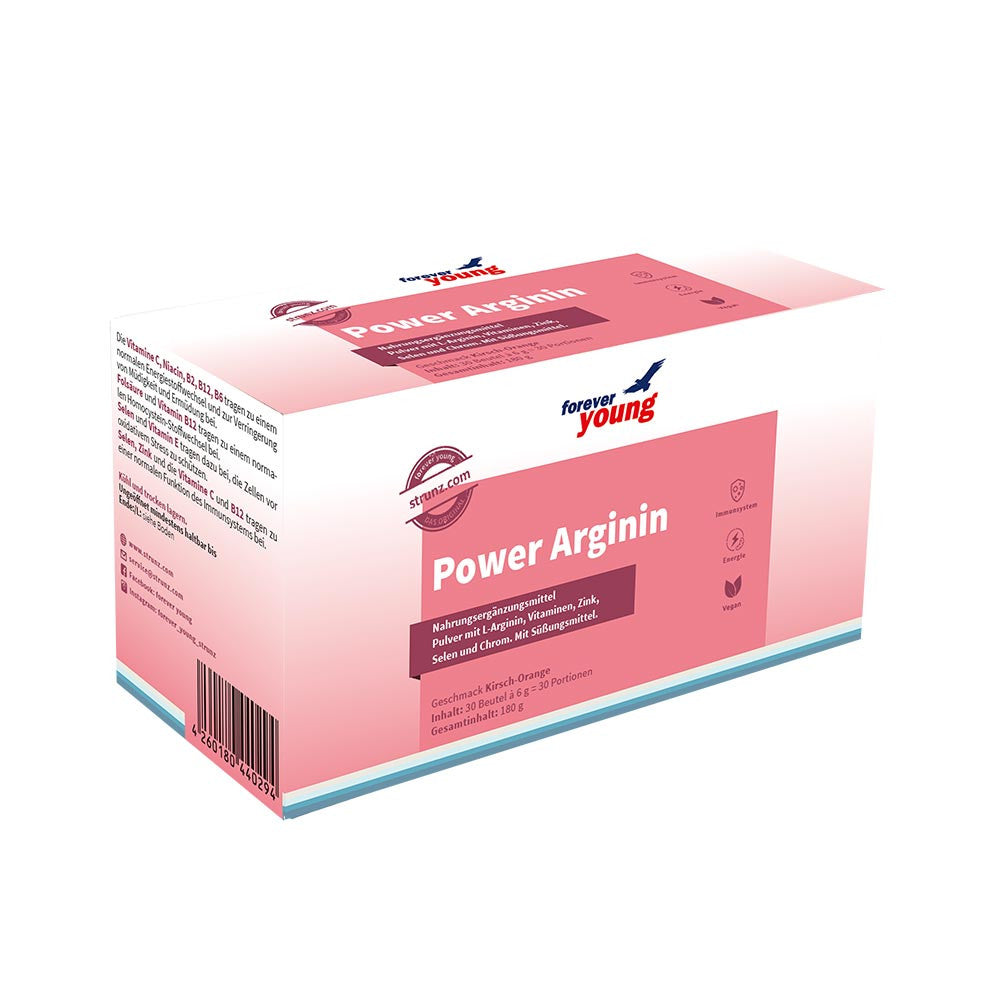 L-Аргинин (L-Arginine) + витамини и минерали 30 сашета по 6 g forever young Power - Завинаги Здрав ООД. Power Arginine е хранителна добавка под формата на прах, обогатена с аминокиселината L-аргинин (аргининова основа), подбрани естествени активни витамини от група В, витамин С, естествен витамин Е и минералите цинк, селен и хром.