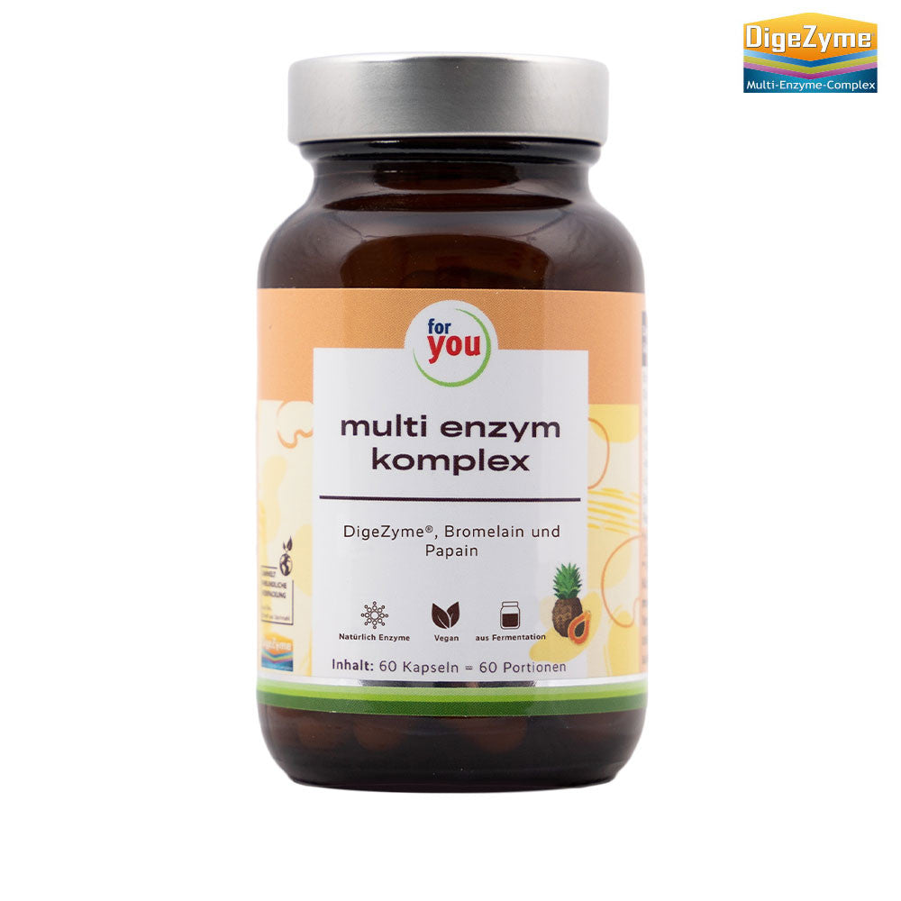 Мултиензимен комплекс DigeZyme® в стъклена опаковка за подпомагане на храносмилането с 60 капсули от For You. Завинаги Здрав ООД