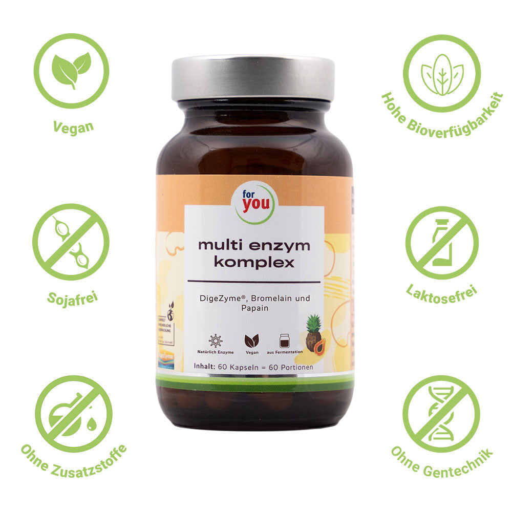 Мултиензимен комплекс DigeZyme® в стъклена опаковка за подпомагане на храносмилането с 60 капсули от For You. Завинаги Здрав ООД
