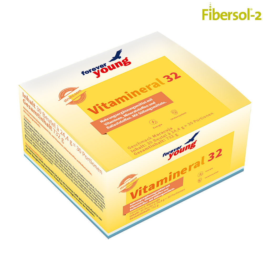 Мултивитамини Vitamineral 32 маракуя 30 сашета forever young - Завинаги Здрав ООД. Vitamineral 32 е хранителна добавка под формата на прах. Тя съдържа 32 жизненоважни вещества, включително витамини, минерали, микроелементи и избрани аминокиселини, които осигуряват здравословна основна дневна доза.