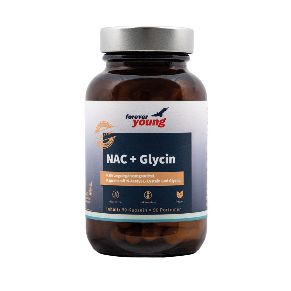 Н-Ацетил Л-Цистеин + Глицин (NAC + Glycine) forever young 90 капсули. Комбинацията от двете аминокиселини N-ацетил-L-цистеин (NAC) и Глицин може да укрепи здравето на митохондриите и да образува мощен комплекс от прекурсори на глутатиона - най-важният антиоксидант в човешкото тяло, който наред с другото детоксикира тежките метали и токсините. Глутатионът също така неутрализира свободните радикали и регенерира други антиоксиданти като Витамин Е и Витамин С.