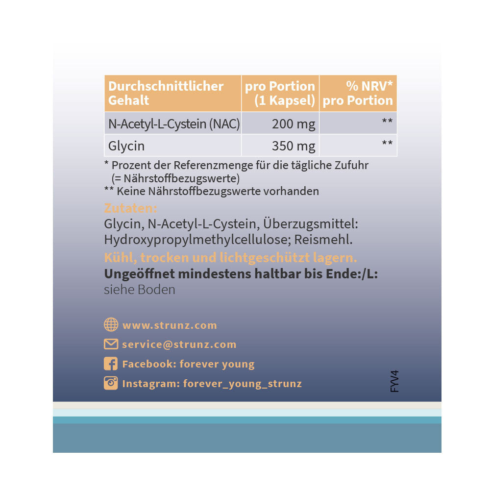 Н-Ацетил Л-Цистеин + Глицин (NAC + Glycine) forever young 90 капсули. Комбинацията от двете аминокиселини N-ацетил-L-цистеин (NAC) и Глицин може да укрепи здравето на митохондриите и да образува мощен комплекс от прекурсори на глутатиона - най-важният антиоксидант в човешкото тяло, който наред с другото детоксикира тежките метали и токсините. Глутатионът също така неутрализира свободните радикали и регенерира други антиоксиданти като Витамин Е и Витамин С.