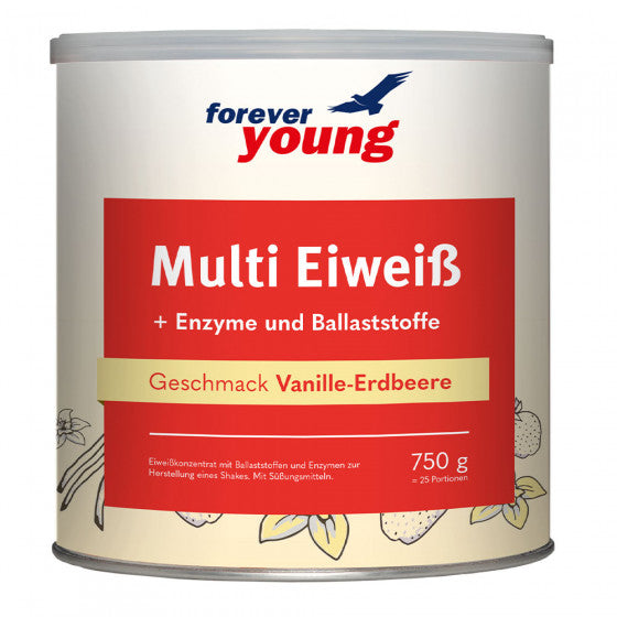 Петкомпонентен протеин ванилия и ягода forever young Multi Eiweiß. Новият протеин Multi Protein на Forever Young с вкус на ванилия и ягода е 5-компонентен протеин на прах е с ниско съдържание казеин. Уникалната комбинация от 2 животински и 3 растителни протеина осигурява пълноценно снабдяване с всички незаменими аминокиселини.