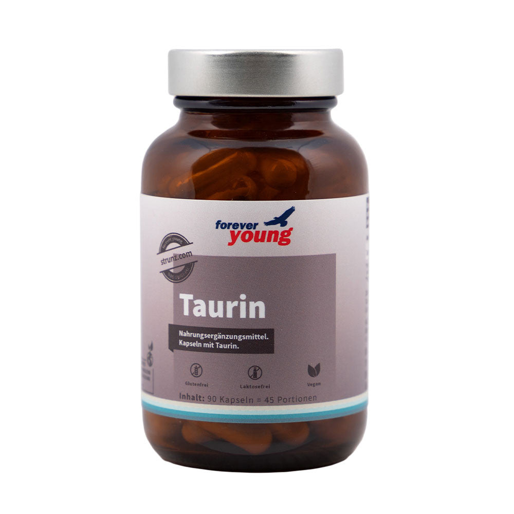 Таурин (Taurine) forever young 90 капсули. Тауринът регулира притока и мембранното свързване на калция и по този начин влияе върху калциевата хомеостаза на митохондриите. Тауринът действа като невромодулатор в нервната система. Като осморегулатор той също така подпомага движението на натрий и калий през клетъчната мембрана, особено в мускулните клетки.