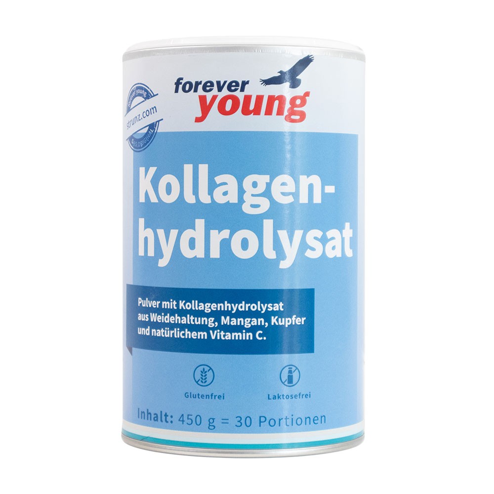 Биоактивен колаген хидролизат + витамини и минерали на прах 450 g forever young - Завинаги Здрав ООД. Колагеновият хидролизат е хранителна добавка под формата на прах, състояща се от колагенови пептиди, манган, мед и екстракт от шипка (естествен витамин С). Колагеновият хидролизат поддържа здравето на ставите и укрепва съединителната тъкан.