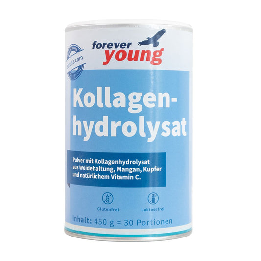 Биоактивен колаген хидролизат + витамини и минерали на прах 450 g forever young - Завинаги Здрав ООД. Колагеновият хидролизат е хранителна добавка под формата на прах, състояща се от колагенови пептиди, манган, мед и екстракт от шипка (естествен витамин С). Колагеновият хидролизат поддържа здравето на ставите и укрепва съединителната тъкан.