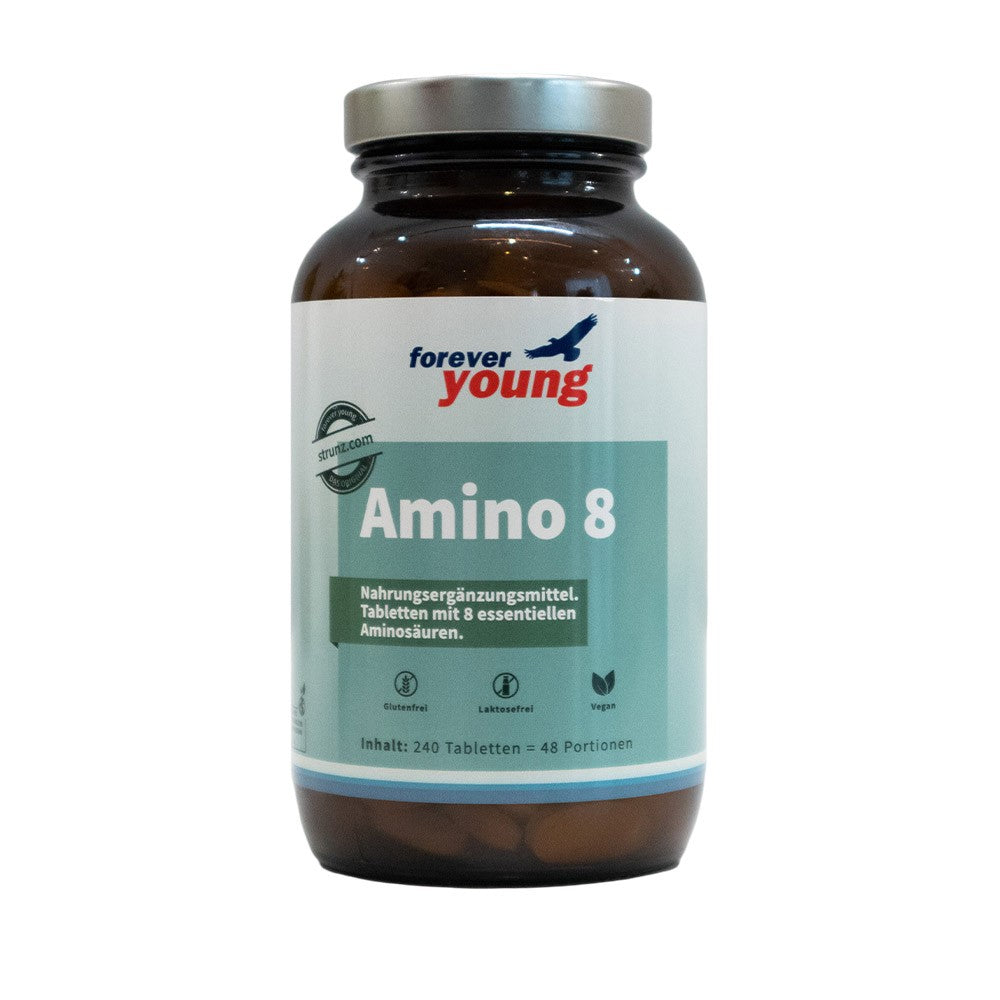 Есенциални аминокиселини (EAA) 240 таблетки по 1000 mg forever young Amino 8 - Завинаги Здрав ООД. Amino 8 е хранителна добавка под формата на таблетки и съдържа всички 8 незаменими аминокиселини в растителна, чиста, кристална форма. Amino 8 е създадена по доказаната формула на професор Лука Морети за постигане на максимален протеинов синтез чрез високо нетно използване на азота.
