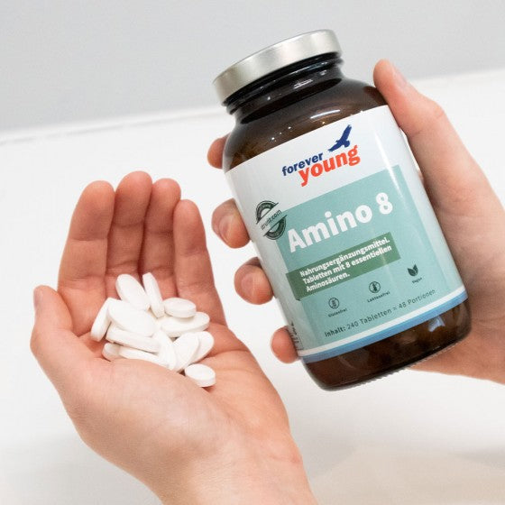 Есенциални аминокиселини (EAA) 240 таблетки по 1000 mg forever young Amino 8 - Завинаги Здрав ООД. Amino 8 е хранителна добавка под формата на таблетки и съдържа всички 8 незаменими аминокиселини в растителна, чиста, кристална форма. Amino 8 е създадена по доказаната формула на професор Лука Морети за постигане на максимален протеинов синтез чрез високо нетно използване на азота.