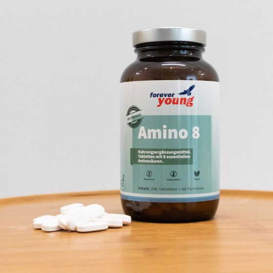 Есенциални аминокиселини (EAA) 240 таблетки по 1000 mg forever young Amino 8 - Завинаги Здрав ООД. Amino 8 е хранителна добавка под формата на таблетки и съдържа всички 8 незаменими аминокиселини в растителна, чиста, кристална форма. Amino 8 е създадена по доказаната формула на професор Лука Морети за постигане на максимален протеинов синтез чрез високо нетно използване на азота.