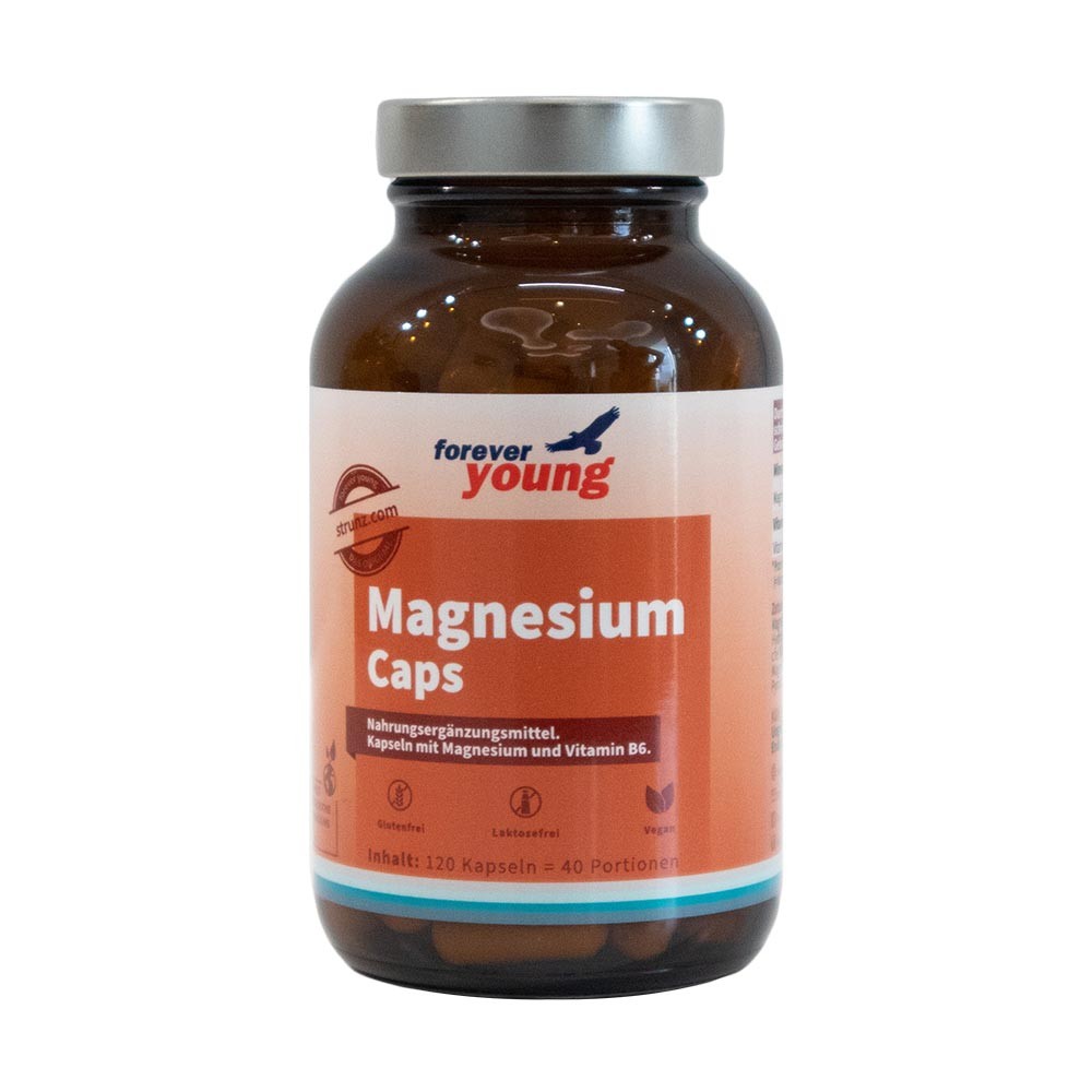 Магнезиев комплекс капсули forever young - Завинаги Здрав ООД. Magnesium Caps е хранителна добавка с 3 различни вида магнезий (магнезиев малат, магнезиев бисглицинат, магнезиев цитрат), които се допълват взаимно. Към тях е прибавен и активиран витамин В6. Приеман през целия ден, организмът постоянно се снабдява с малки количества магнезий.