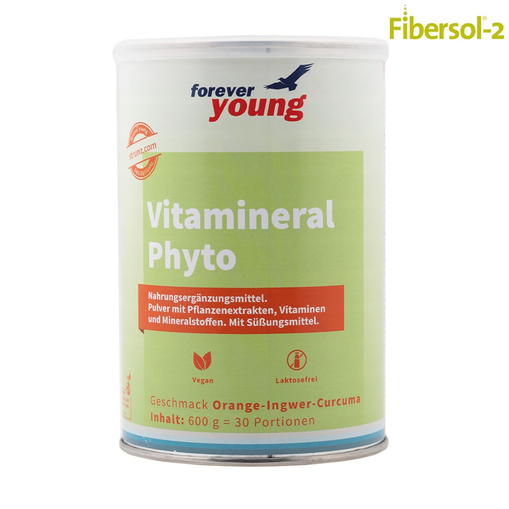 Мултивитамини forever young Vitamineral Phyto. Vitamineral Phyto е хранителна добавка под формата на прах. Тя е пълна с витамини, микроелементи, растителни вещества и фибри. Напитката е с освежаващ вкус на портокал, джинджифил и куркума.