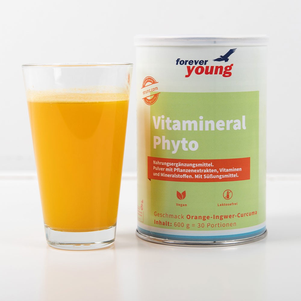 Мултивитамини forever young Vitamineral Phyto. Vitamineral Phyto е хранителна добавка под формата на прах. Тя е пълна с витамини, микроелементи, растителни вещества и фибри. Напитката е с освежаващ вкус на портокал, джинджифил и куркума.
