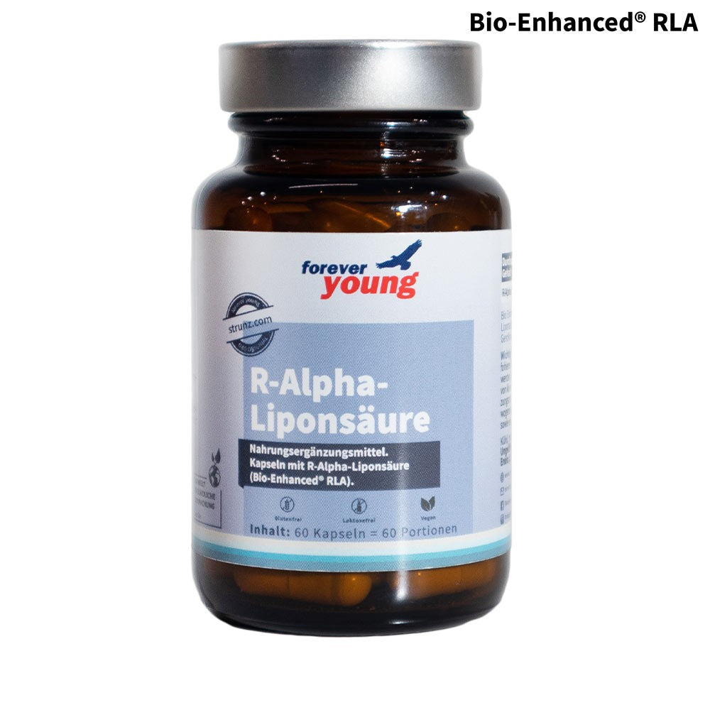 R-Алфа-Липоева киселина (Bio Enhanced® RLA) 60 капсули по 174 mg forever young - Завинаги Здрав ООД. forever young R-Алфа-Липоева киселина е хранителна добавка под формата на капсули и съдържа патентованата маркова суровина Bio-Enhanced® Na-RALA. R-Алфа Липоевата киселина на GeroNova е в биодостъпна и стабилизирана форма. R-Алфа-Липоевата киселина е мастна киселина, съдържаща сяра. Тя може да се произвежда отчасти от самия организъм или да се абсорбира чрез храната.