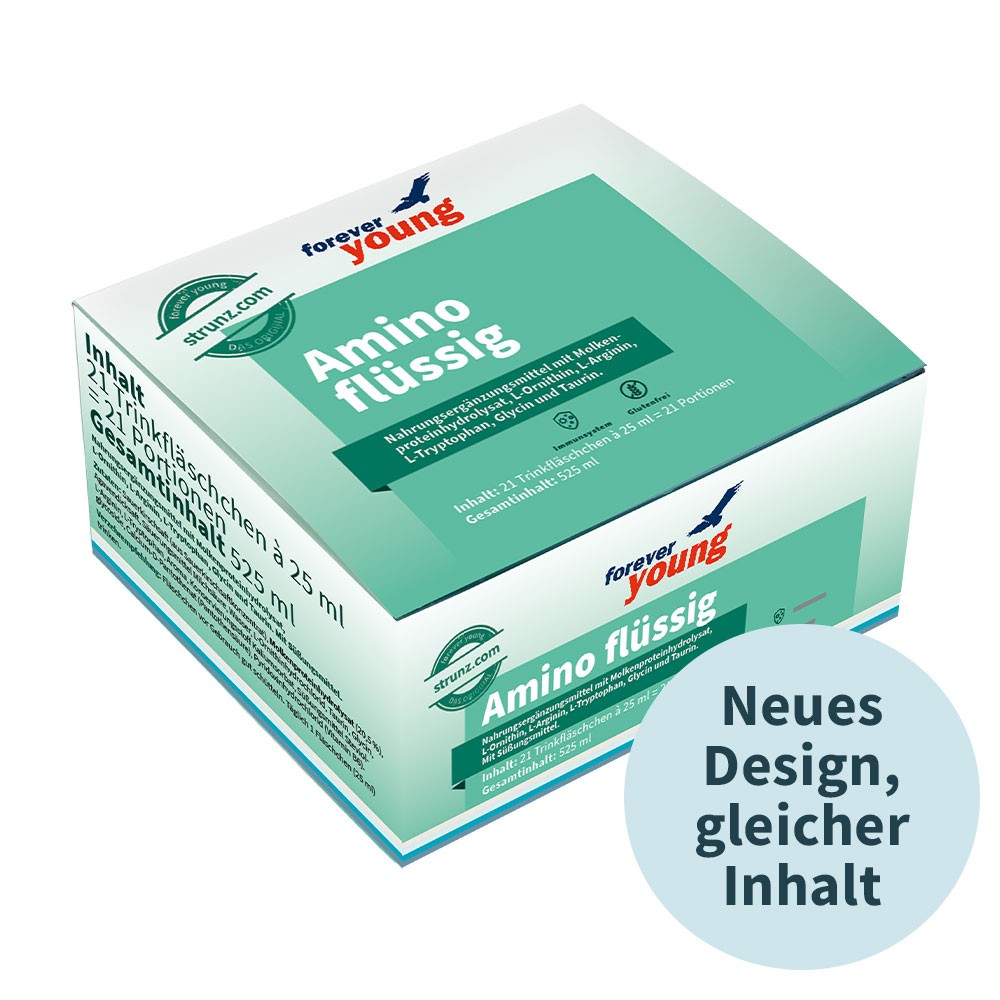 Течни аминокиселини 21 ампули по 25 ml forever young Amino flüssig - Завинаги Здрав ООД. Amino flüssig е течна хранителна добавка с хидролизат от суроватъчен протеин. Всяка ампула съдържа 7,4 g есенциални и неесенциални аминокиселини и избрани витамини.