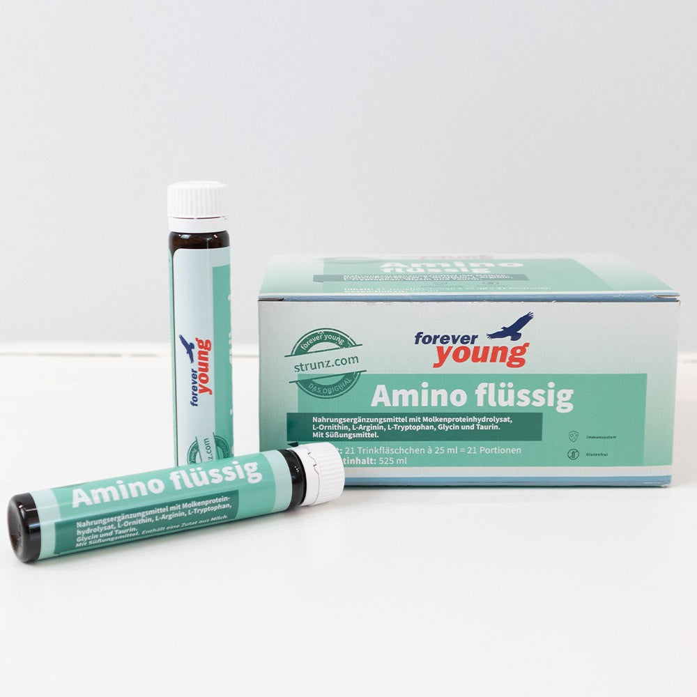 Течни аминокиселини 21 ампули по 25 ml forever young Amino flüssig - Завинаги Здрав ООД. Amino flüssig е течна хранителна добавка с хидролизат от суроватъчен протеин. Всяка ампула съдържа 7,4 g есенциални и неесенциални аминокиселини и избрани витамини.