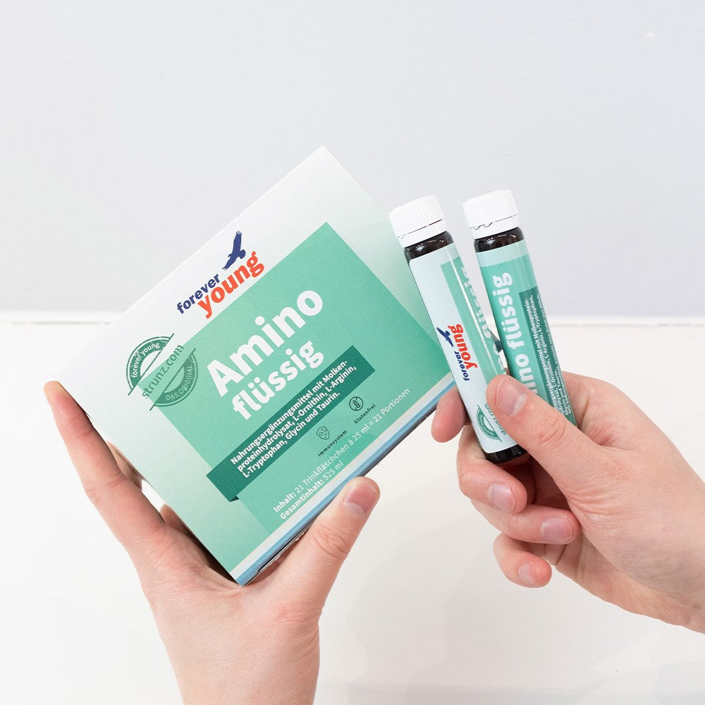 Течни аминокиселини 21 ампули по 25 ml forever young Amino flüssig - Завинаги Здрав ООД. Amino flüssig е течна хранителна добавка с хидролизат от суроватъчен протеин. Всяка ампула съдържа 7,4 g есенциални и неесенциални аминокиселини и избрани витамини.