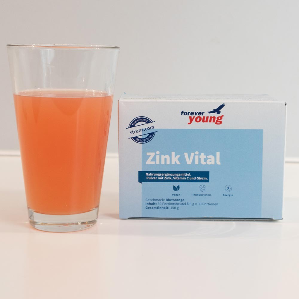 Цинк Витал forever young - Завинаги Здрав ООД. Zinc Vital е хранителна добавка под формата на прах с 10 mg цинк, 200 mg витамин С на порция и глицин.