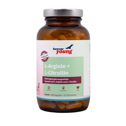 L-Аргинин + L-Цитрулин forever young, L-Arginine + L-Citrulline , Комбинацията от L-аргинин и L-цитрулин засилва ефекта на двете аминокиселини. Докато L-аргининът директно подпомага производството на азотен оксид, L-цитрулинът осигурява устойчиво повишаване на нивото на L-аргинин в кръвта.