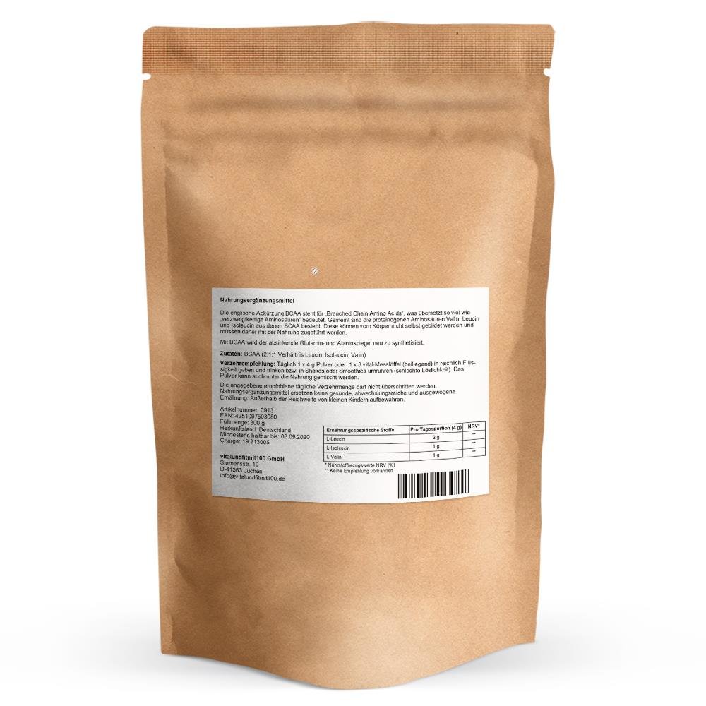 BCAA (Аминокиселини с разклонена верига) vitalundfitmit100. BCAA е аминокиселина с разклонена верига, състояща се от незаменимите аминокиселини Левцин, Изолевцин и Валин. Източник на енергия за продължително спортно натоварване.