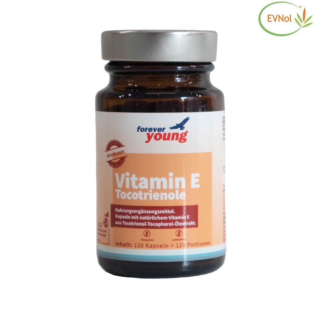Естествен Витамин Е Tокотриеноли (Vitamin E Tocotrienols) 120 капсули forever young EVNol TM 50% - Завинаги Здрав ООД. Витамин Е Tокотриеноли е хранителна добавка под формата на капсули и съдържа патентованата активна съставка EVNol TM 50% във висока доза. Този натурален екстракт от Токотриенол и Токоферол от палмово масло с устойчив произход съдържа 78% Токотриеноли и 22% Токофероли.