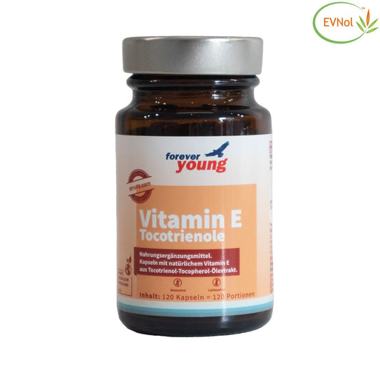 Естествен Витамин Е Tокотриеноли (Vitamin E Tocotrienols) 120 капсули forever young EVNol TM 50% - Завинаги Здрав ООД. Витамин Е Tокотриеноли е хранителна добавка под формата на капсули и съдържа патентованата активна съставка EVNol TM 50% във висока доза. Този натурален екстракт от Токотриенол и Токоферол от палмово масло с устойчив произход съдържа 78% Токотриеноли и 22% Токофероли.