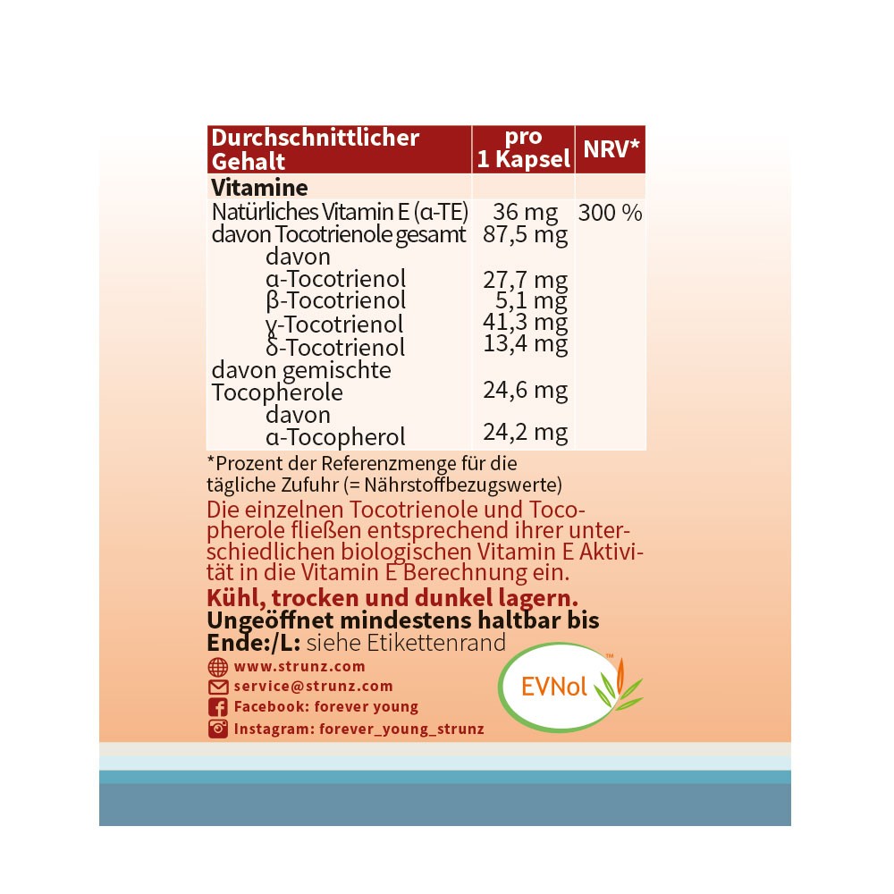 Естествен Витамин Е Tокотриеноли (Vitamin E Tocotrienols) 120 капсули forever young EVNol TM 50% - Завинаги Здрав ООД. Витамин Е Tокотриеноли е хранителна добавка под формата на капсули и съдържа патентованата активна съставка EVNol TM 50% във висока доза. Този натурален екстракт от Токотриенол и Токоферол от палмово масло с устойчив произход съдържа 78% Токотриеноли и 22% Токофероли.