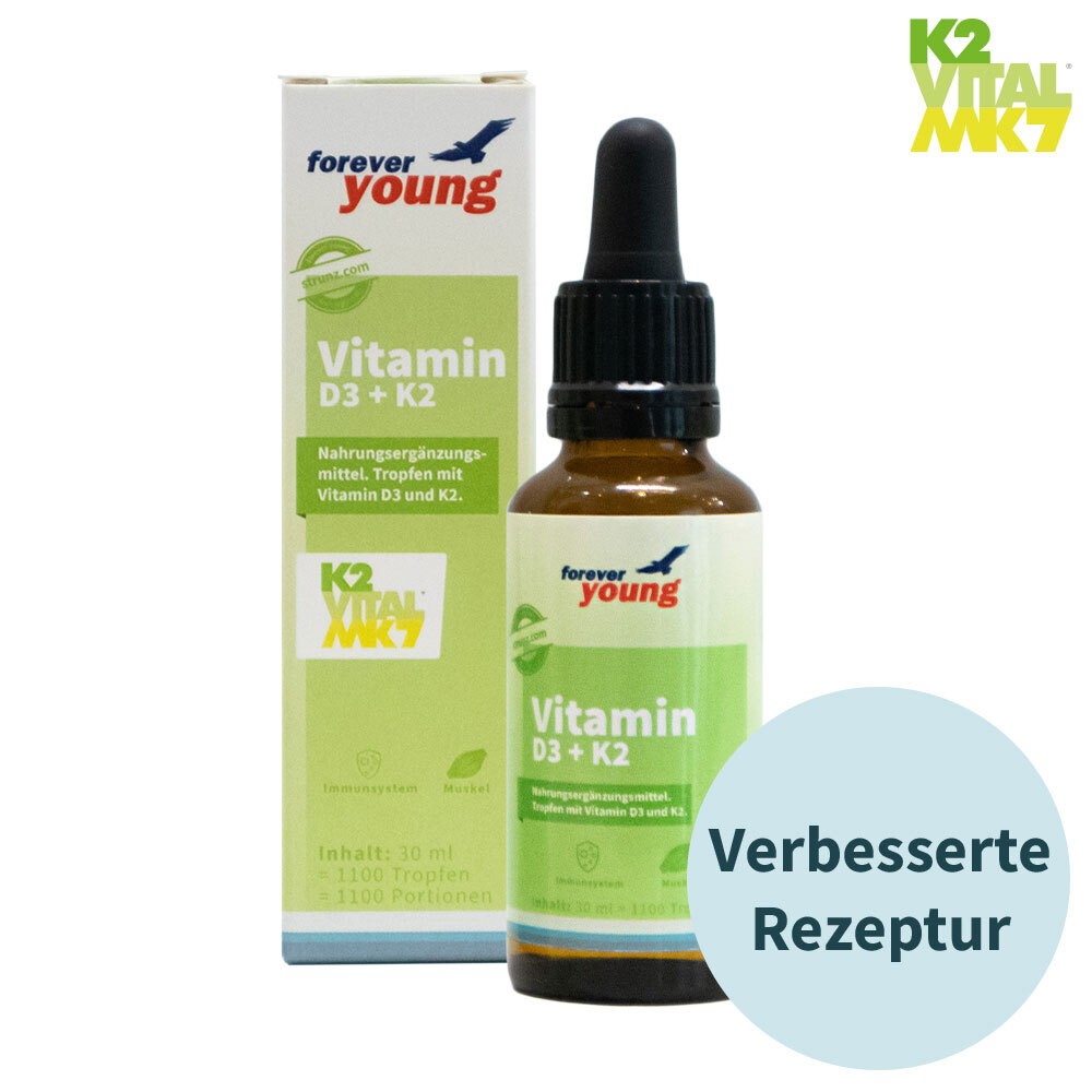 Витамин D3 + Витамин K2 (Vitamin D3 + Vitamin K2) 25 μg/15 μg на капка forever young - Завинаги Здрав ООД. Витамин D3 + K2 е течна хранителна добавка с витамини D3 и K2 (K2VITAL® MK7). Витамините са разтворени в MTC олио. Пипетата позволява лесно индивидуално дозиране. 1 капка съдържа:  25 µg (1000 IU) витамин D3, 15 µg K2 (естествен витамин K2 от K2VITAL® MK7).