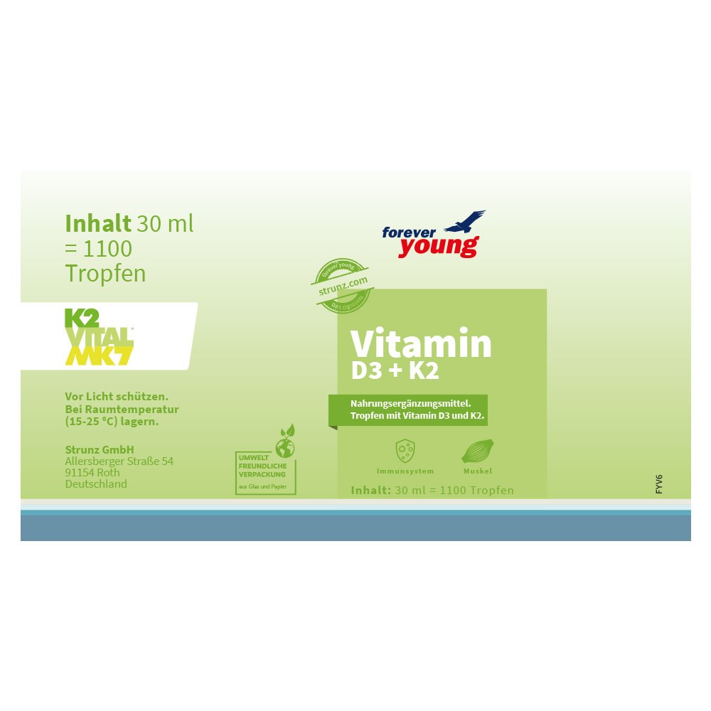 Витамин D3 + Витамин K2 (Vitamin D3 + Vitamin K2) 25 μg/15 μg на капка forever young - Завинаги Здрав ООД. Витамин D3 + K2 е течна хранителна добавка с витамини D3 и K2 (K2VITAL® MK7). Витамините са разтворени в MTC олио. Пипетата позволява лесно индивидуално дозиране. 1 капка съдържа:  25 µg (1000 IU) витамин D3, 15 µg K2 (естествен витамин K2 от K2VITAL® MK7).