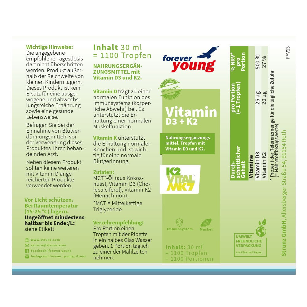 Витамин D3 + Витамин K2 (Vitamin D3 + Vitamin K2) 25 μg/15 μg на капка forever young - Завинаги Здрав ООД. Витамин D3 + K2 е течна хранителна добавка с витамини D3 и K2 (K2VITAL® MK7). Витамините са разтворени в MTC олио. Пипетата позволява лесно индивидуално дозиране. 1 капка съдържа:  25 µg (1000 IU) витамин D3, 15 µg K2 (естествен витамин K2 от K2VITAL® MK7).